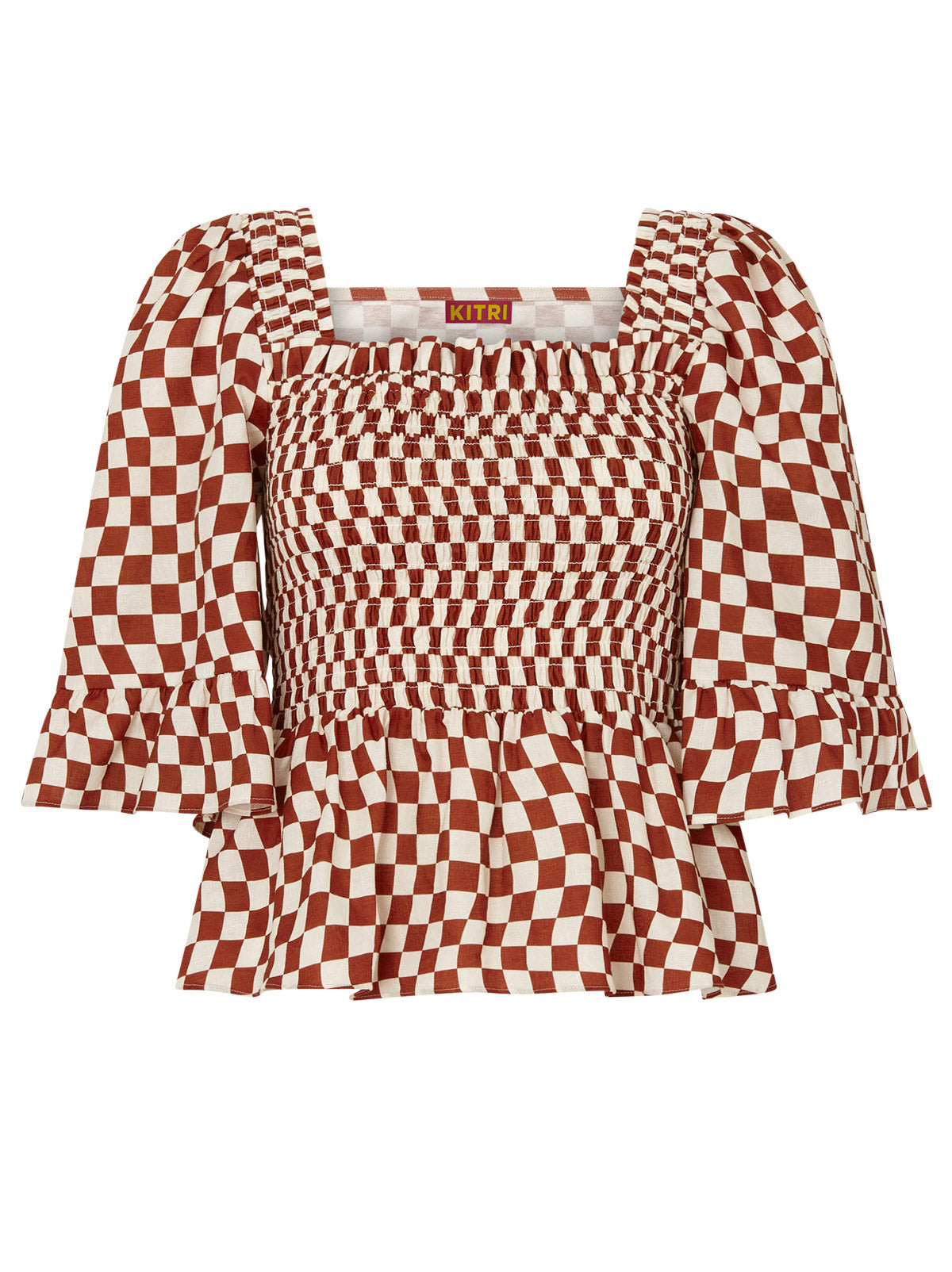 Sasha Brown Wavy Checker Shirred Top By KITRI Studio