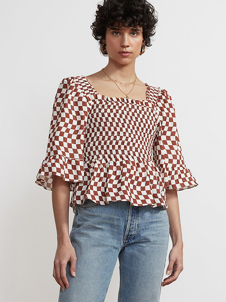 Sasha Brown Wavy Checker Shirred Top By KITRI Studio