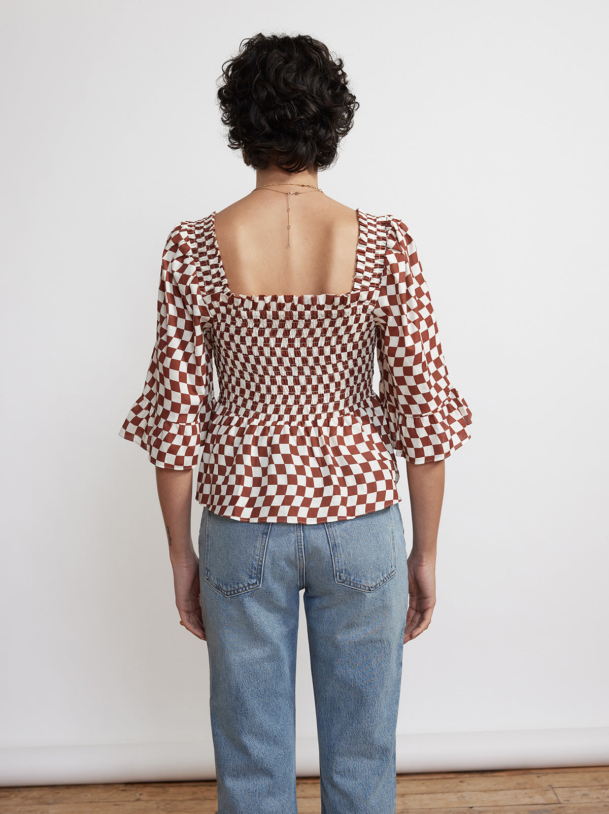 Sasha Brown Wavy Checker Shirred Top By KITRI Studio