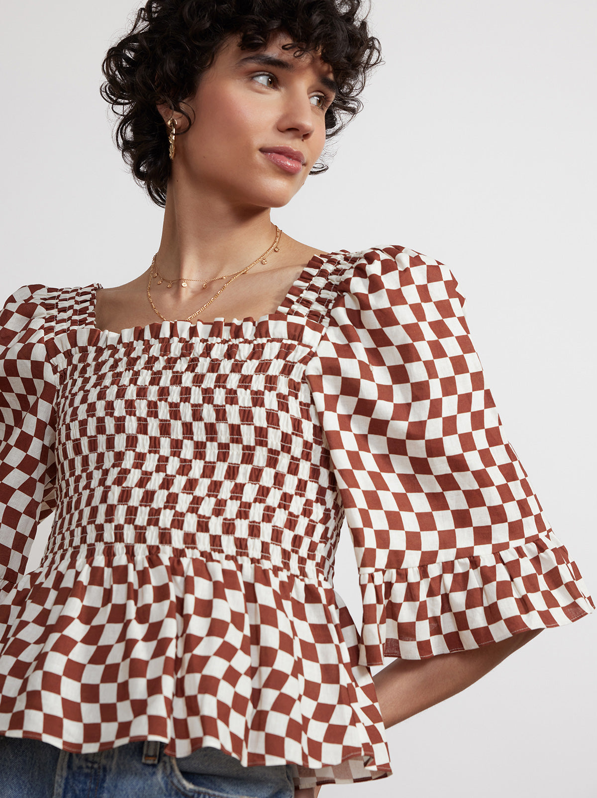 Sasha Brown Wavy Checker Shirred Top By KITRI Studio