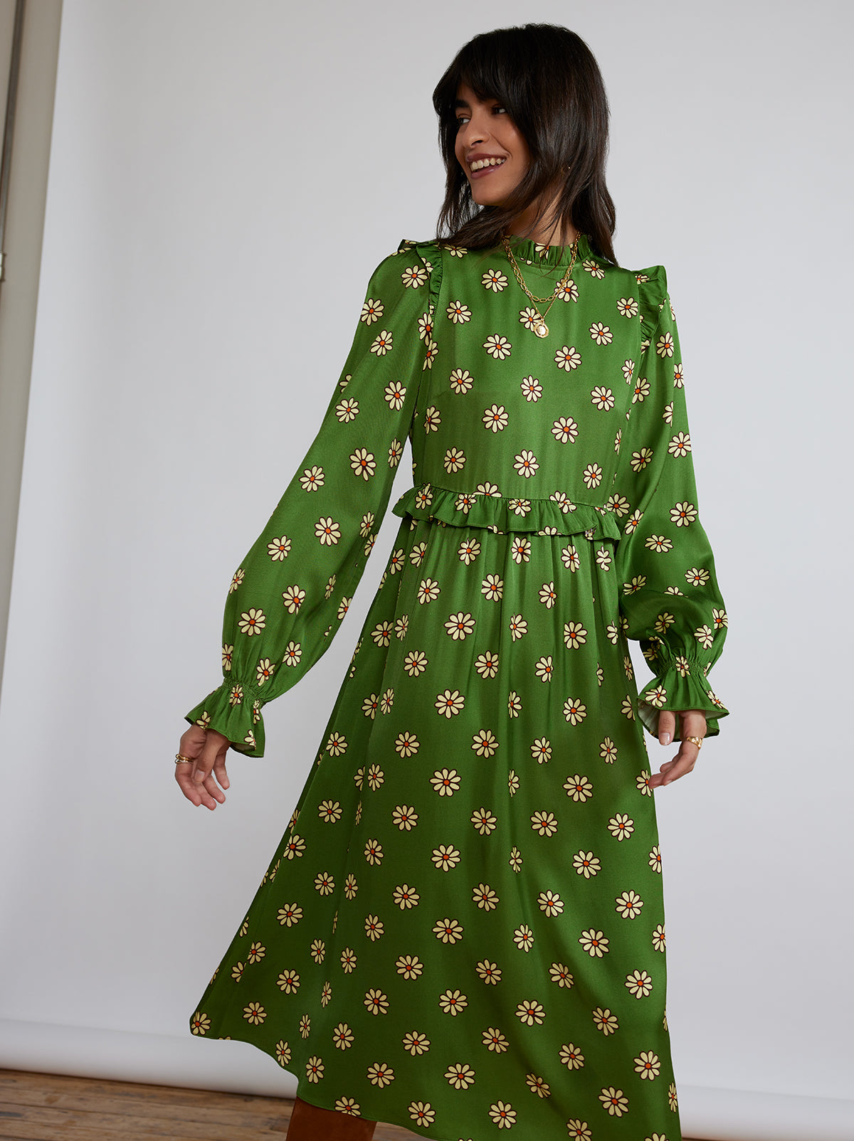 Savannah Green Retro Floral Midi Dress By KITRI Studio