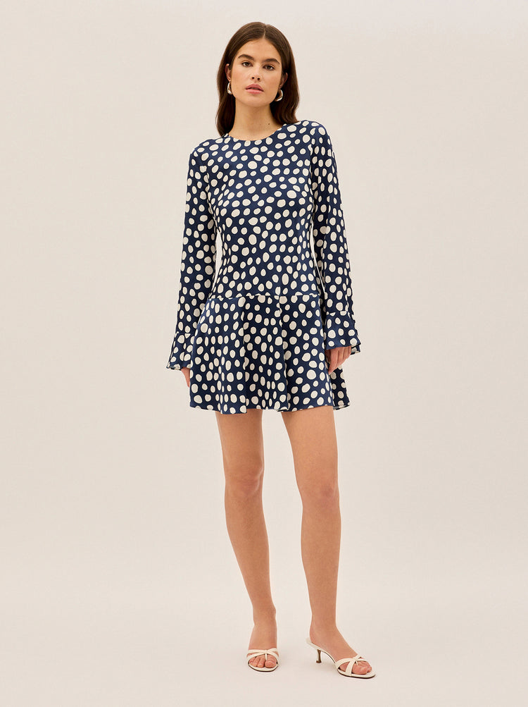 Stefania Navy Polka Dot Satin Mini Dress By KITRI Studio
