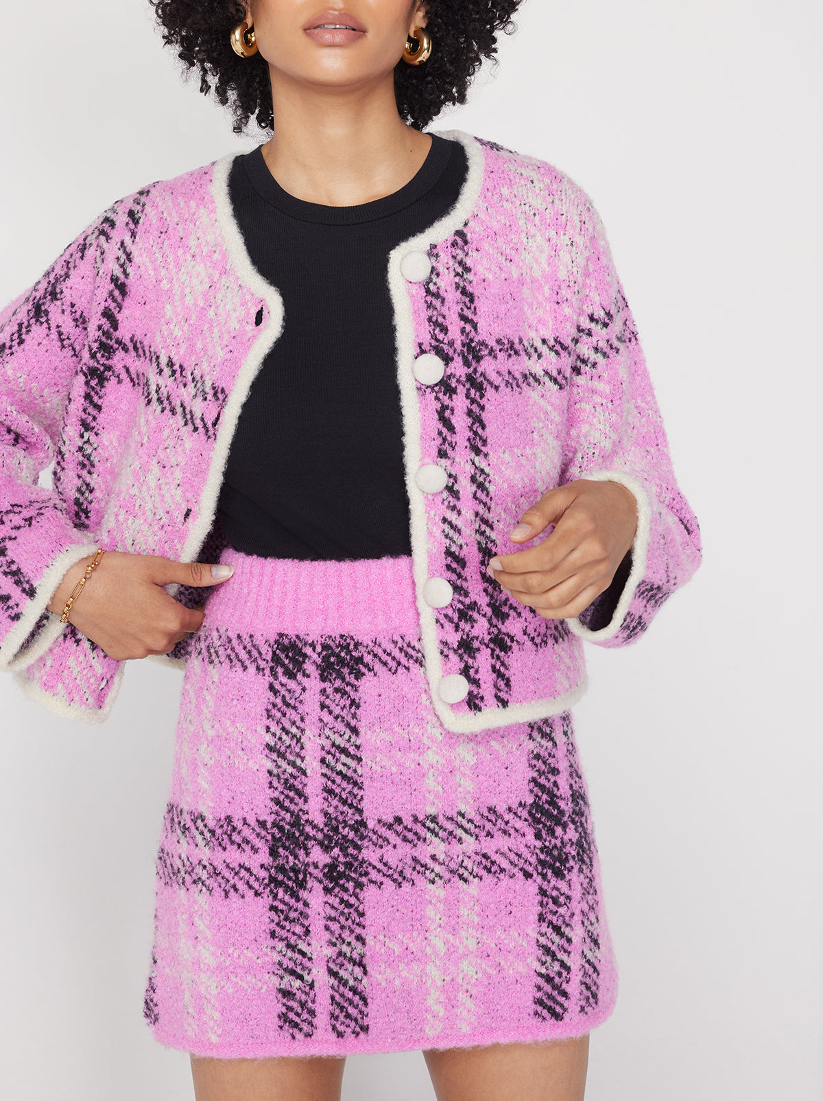Susan Pink Check Boucle Knit Mini Skirt By KITRI Studio