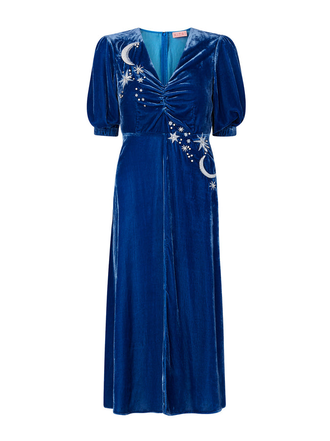 Sylvia Blue Embroidered Velvet Midi Dress | Women's Velvet Midi Party ...