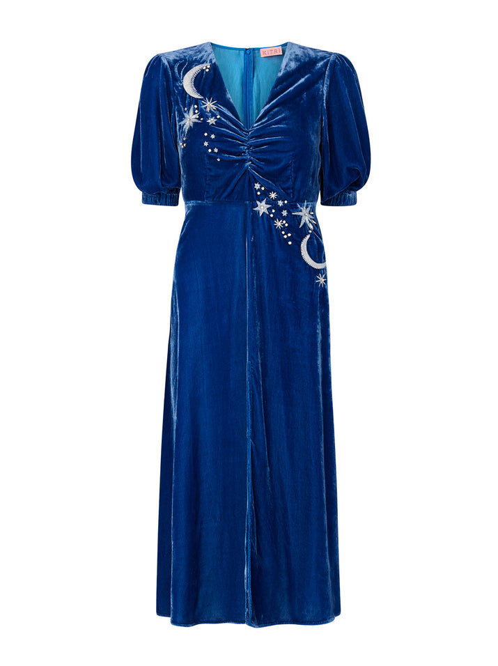 Sylvia Blue Embroidered Velvet Midi Dress Women's Velvet Midi Party