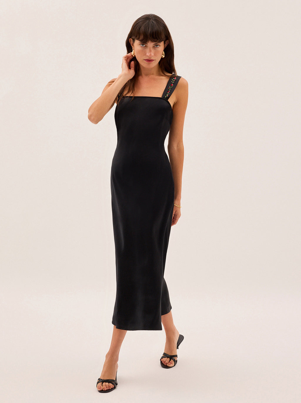 Tabitha Embroidered Black Satin Dress | KITRI Studio