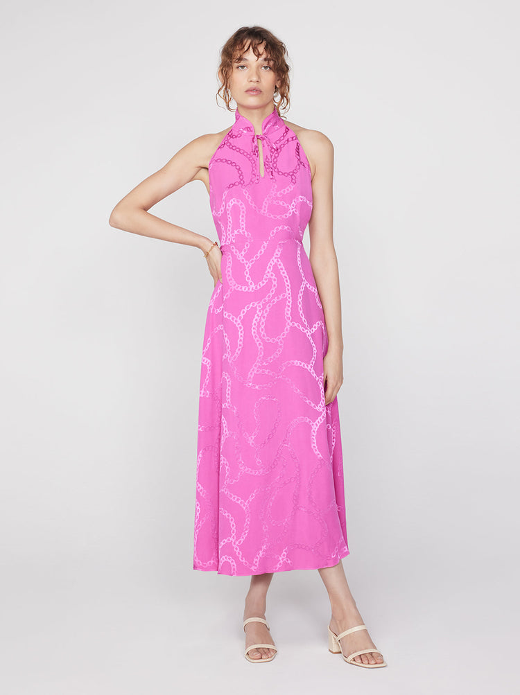 Tali Pink Chain Jacquard Halterneck Dress