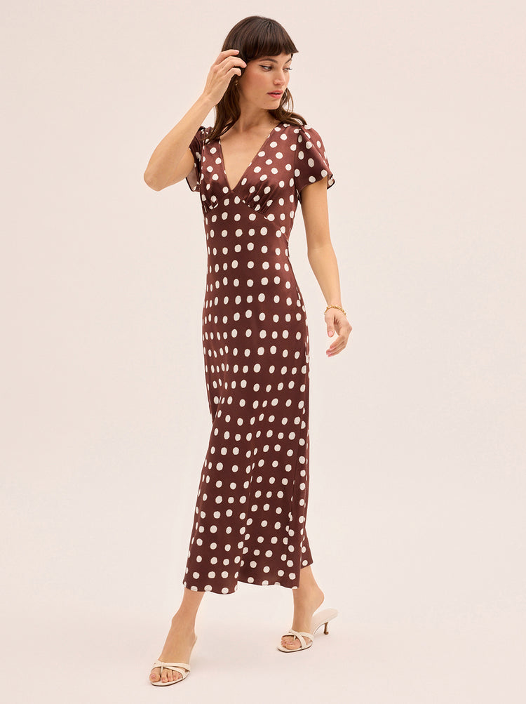 Talia Chocolate Blurred Polka Dot Print Dress By KITRI Studio