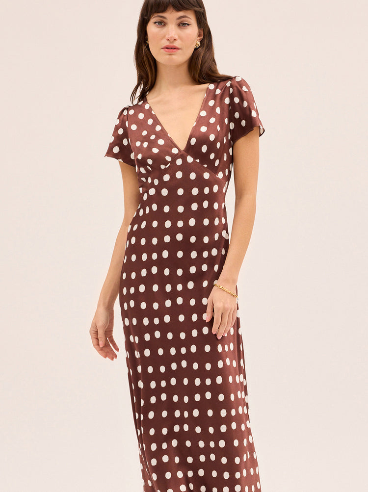 Talia Chocolate Blurred Polka Dot Print Dress By KITRI Studio