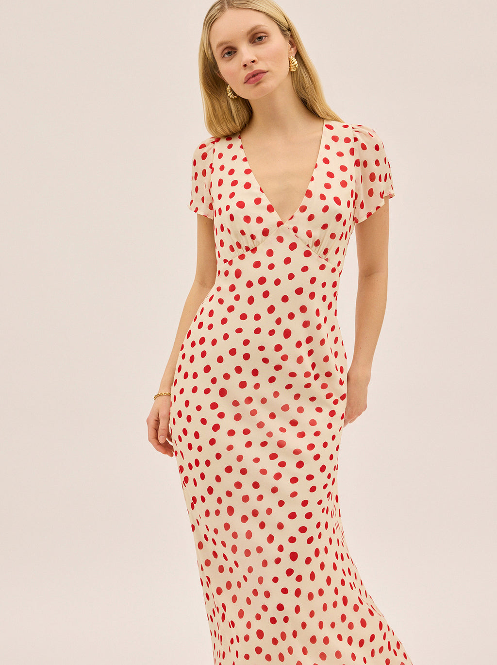 chinese dress ladies M-4XL) Plus Size Black Red Polka Dots Chiffon Midi Maxi Shirt Dress –  Pluspreorder main image 1