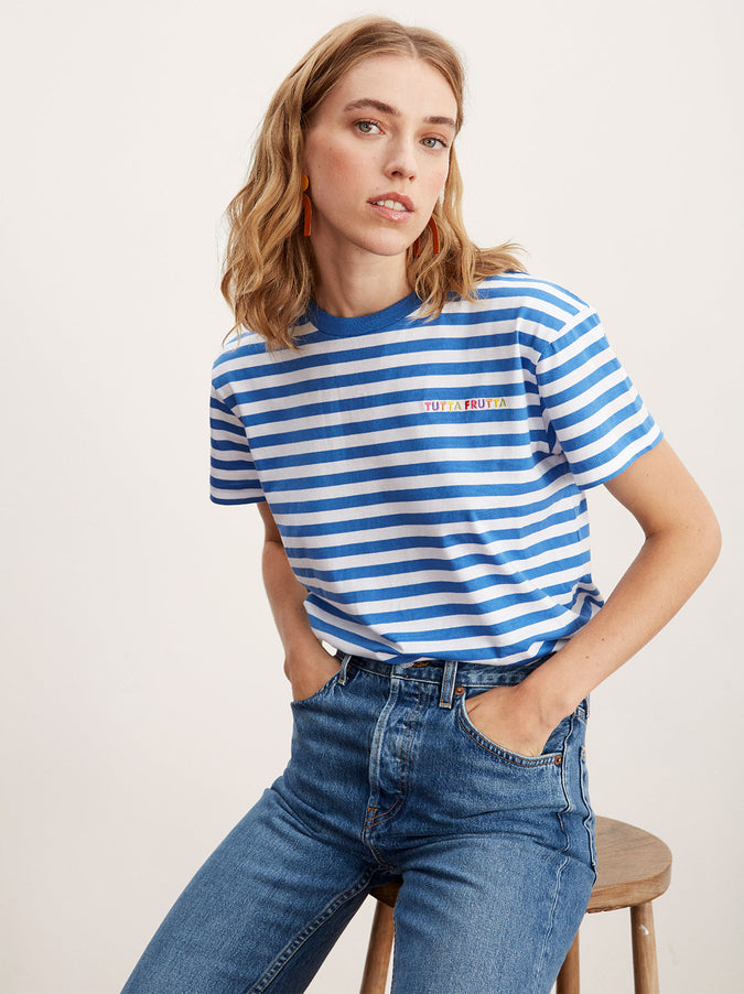 Tutta Frutta Blue Striped Cotton Short Sleeve T-shirt | Women's Cotton ...