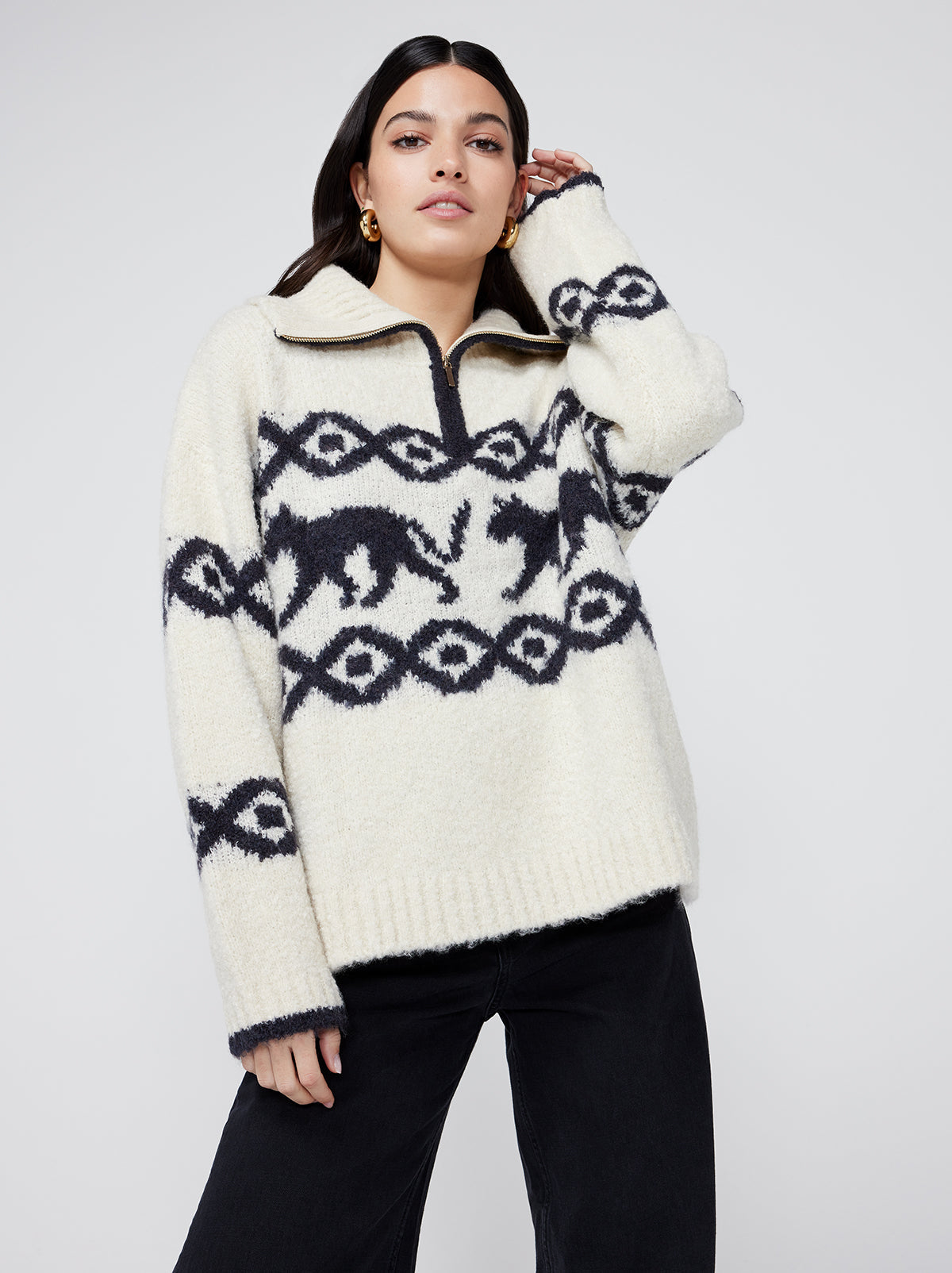 Uma Ecru Animal Boucle Knit Zip Up Sweater | KITRI Studio