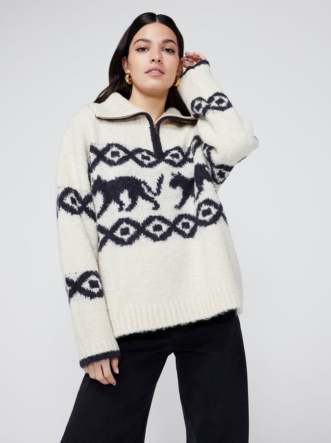 Uma Ecru Animal Boucle Knit Zip Up Sweater