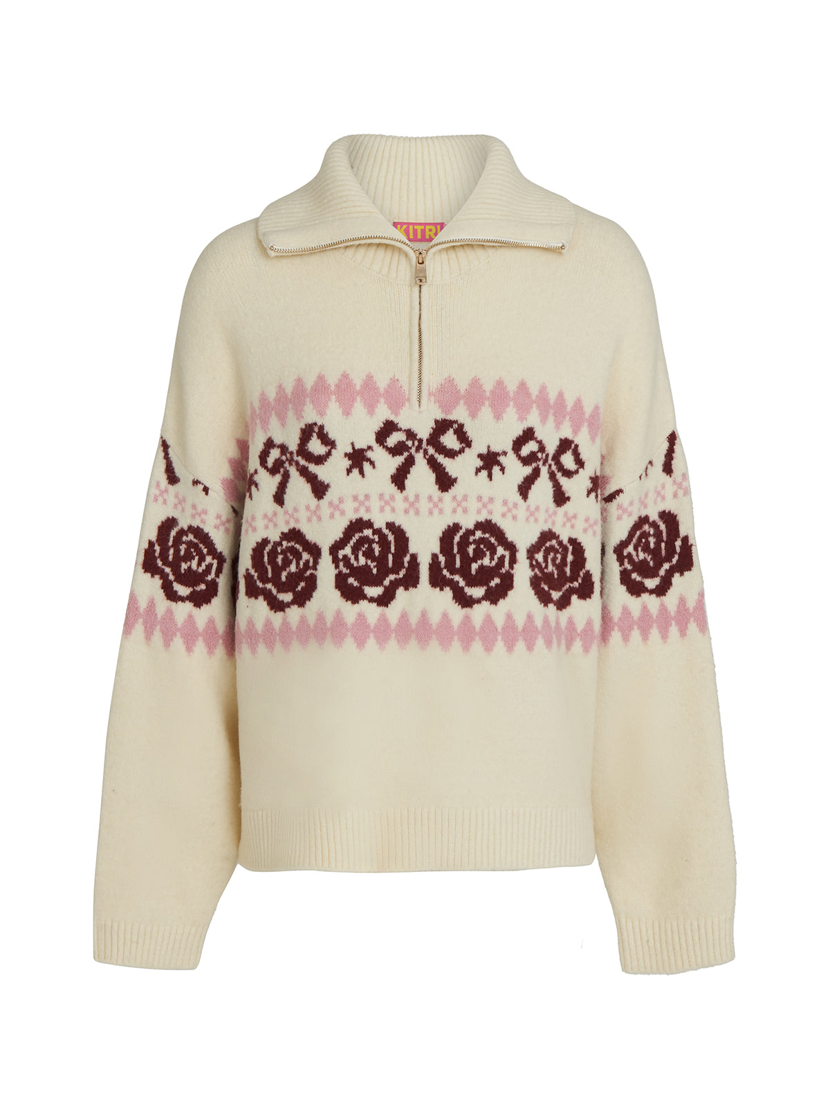 Uma Ivory Bow Fairisle Quarter Zip Sweater KITRI Studio