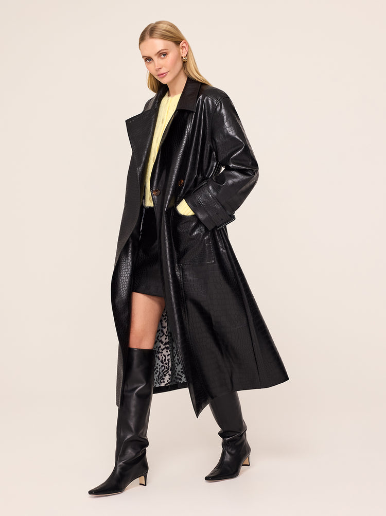 Valeria Black Faux Croc Oversized Trench Coat By KITRI Studio