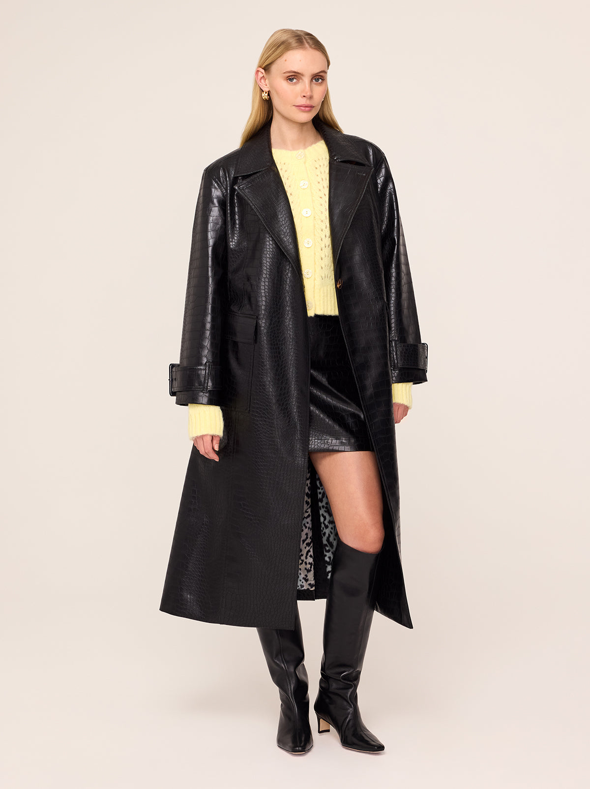 Valeria Black Faux Croc Oversized Trench Coat By KITRI Studio