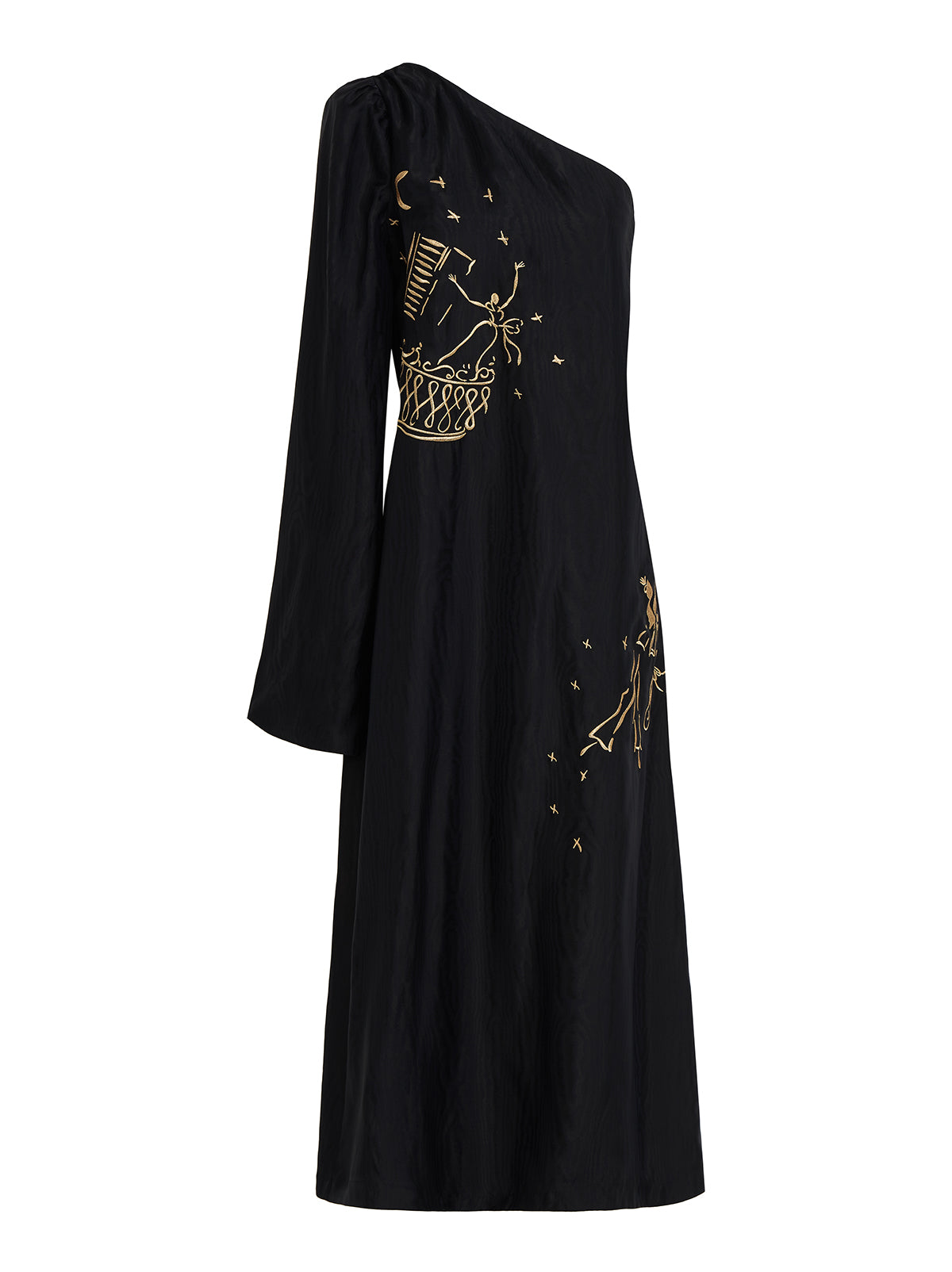 Vavara Black Opera Embroidered One Shoulder Maxi Dress