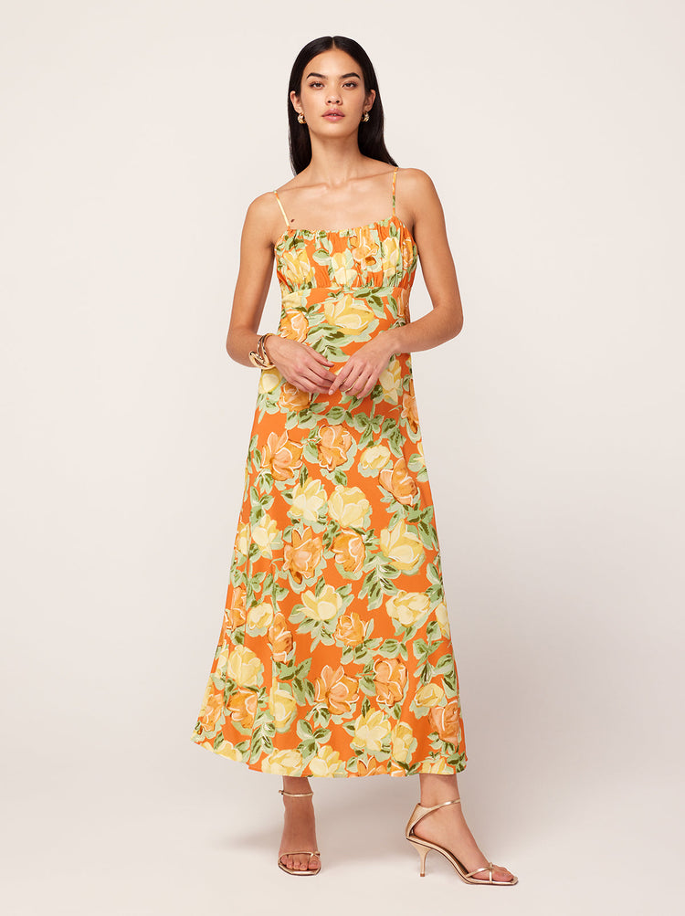 Velma Apricot Painted Floral Print Midi Dress By KITRI Studio