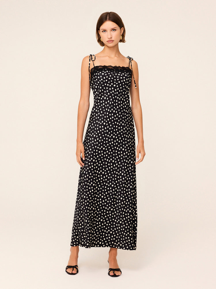 Venetia Black Polka Dot Print Lace Trim Maxi Dress By KITRI Studio