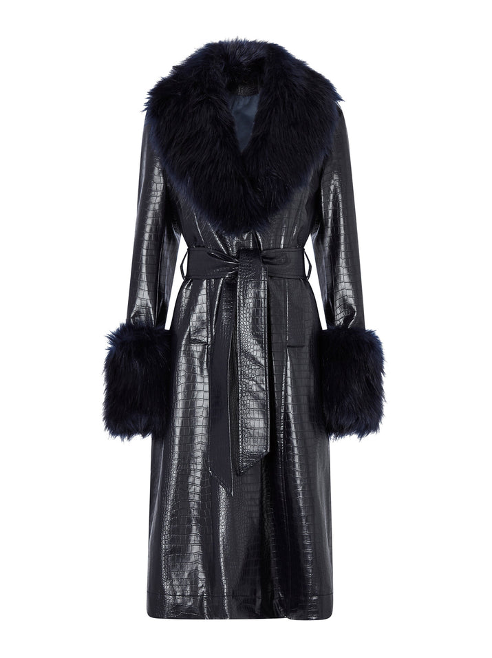 Veronica Navy Mock Croc Coat | Women's Faux Leather Coats | KITRI