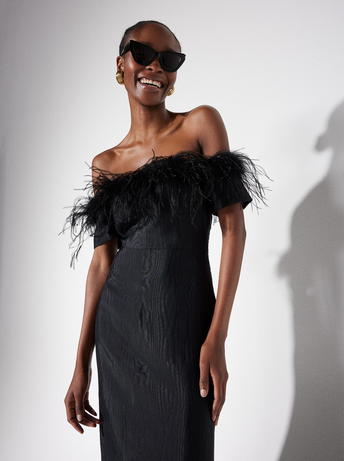 Feather off hotsell the shoulder dress