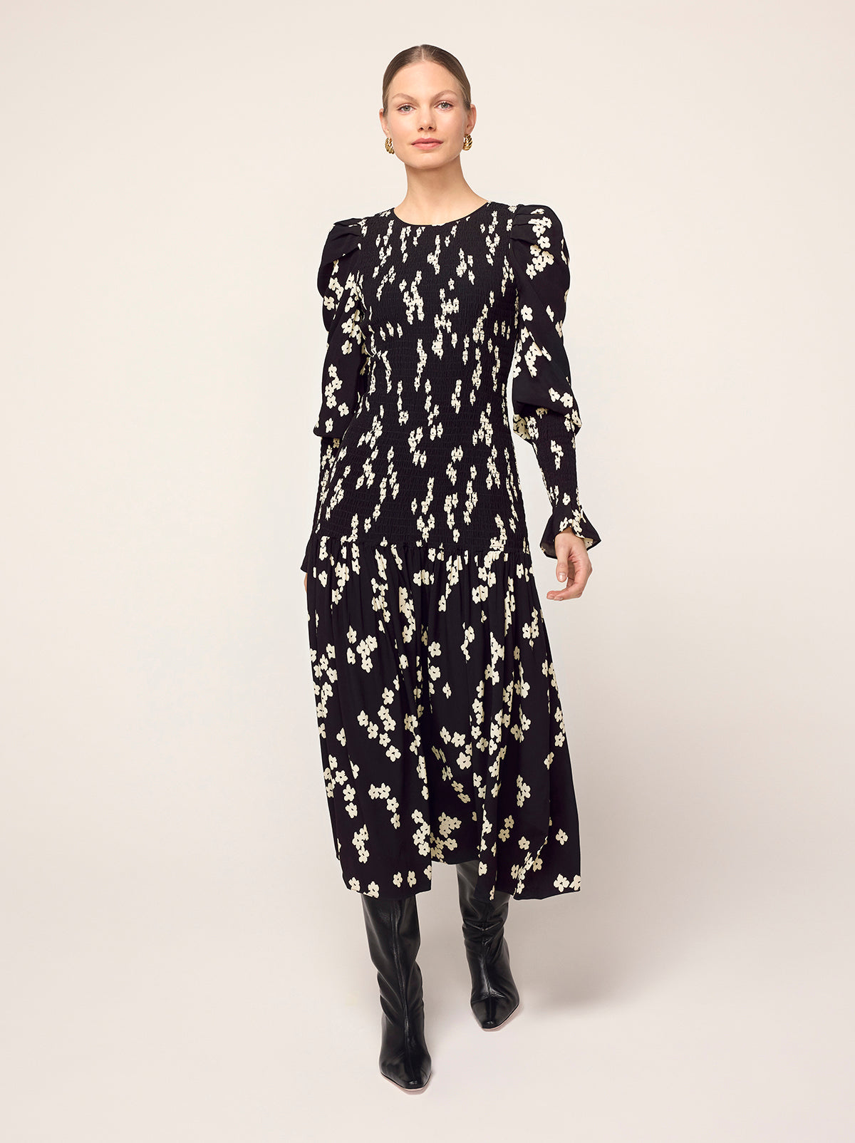 Wren Black Blurred Floral Shirred Midi Dress By KITRI Studio