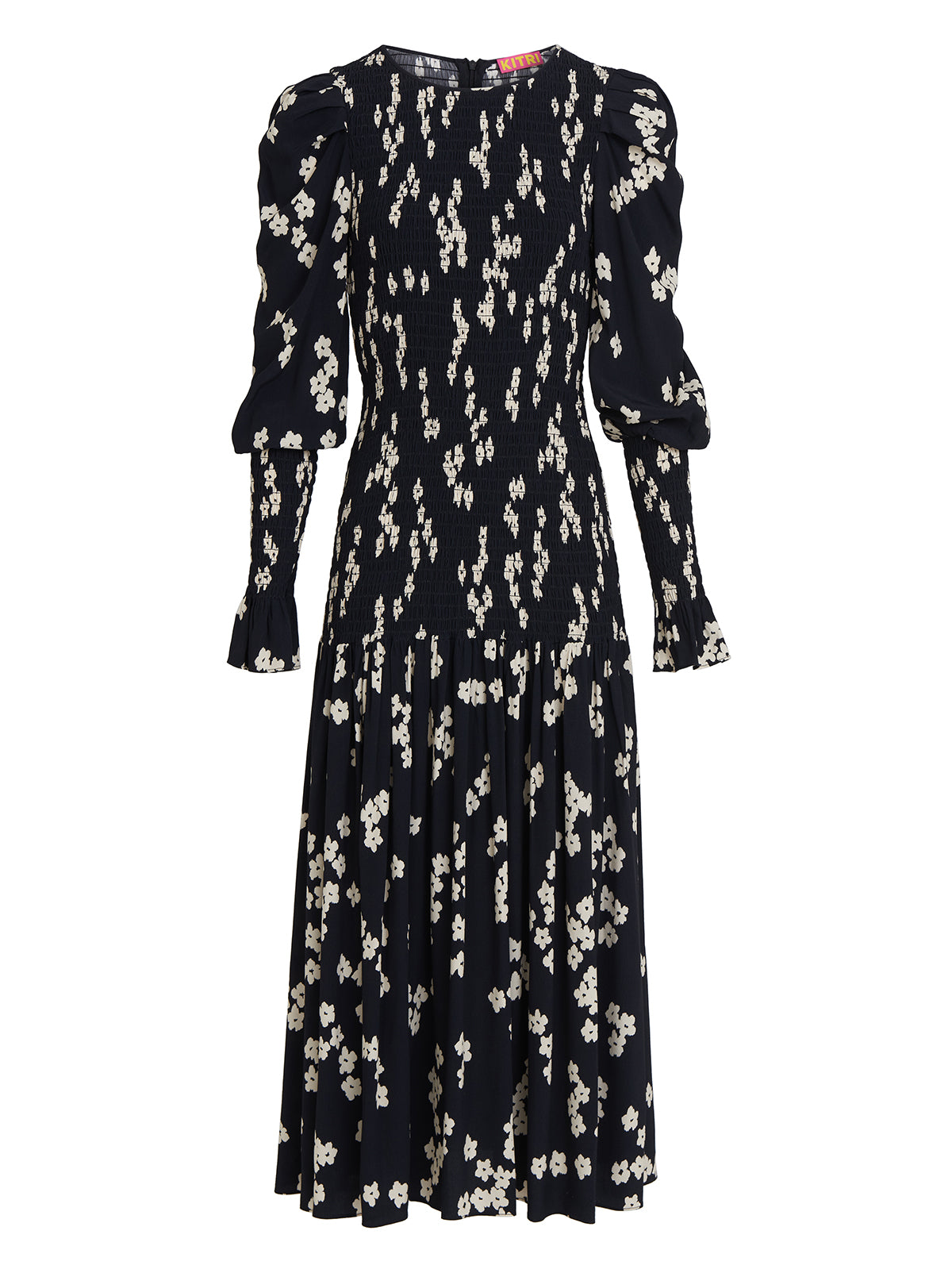 Wren Black Blurred Floral Shirred Midi Dress By KITRI Studio