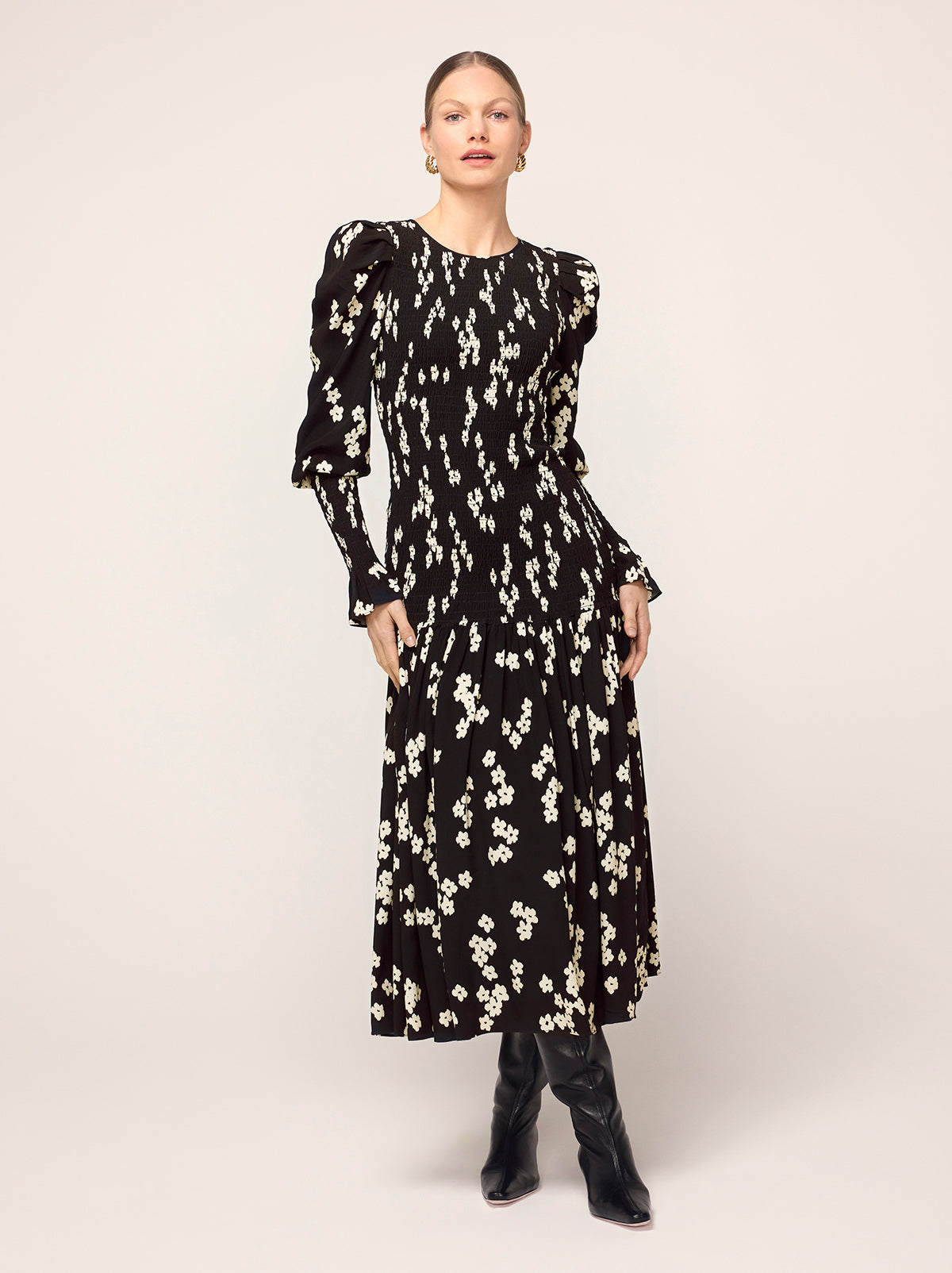 Wren Black Blurred Floral Shirred Midi Dress By KITRI Studio