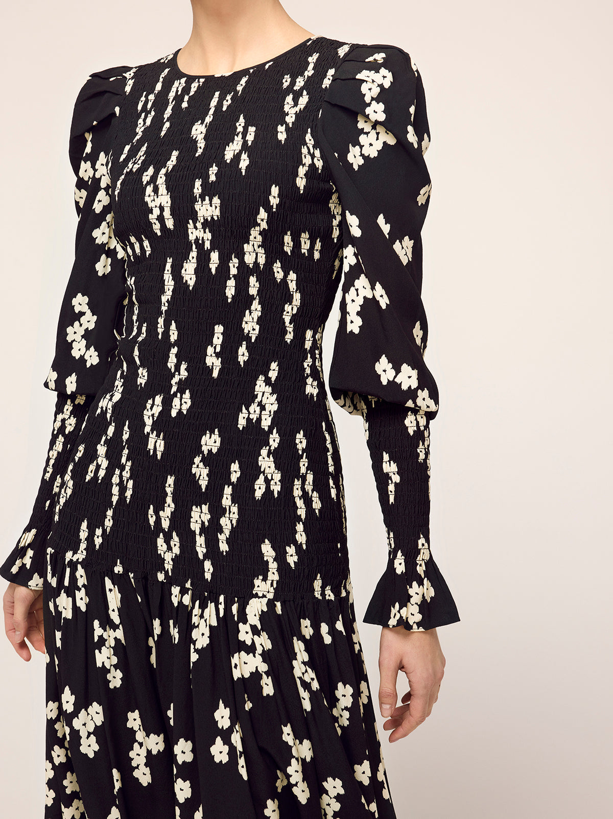 Wren Black Blurred Floral Shirred Midi Dress By KITRI Studio