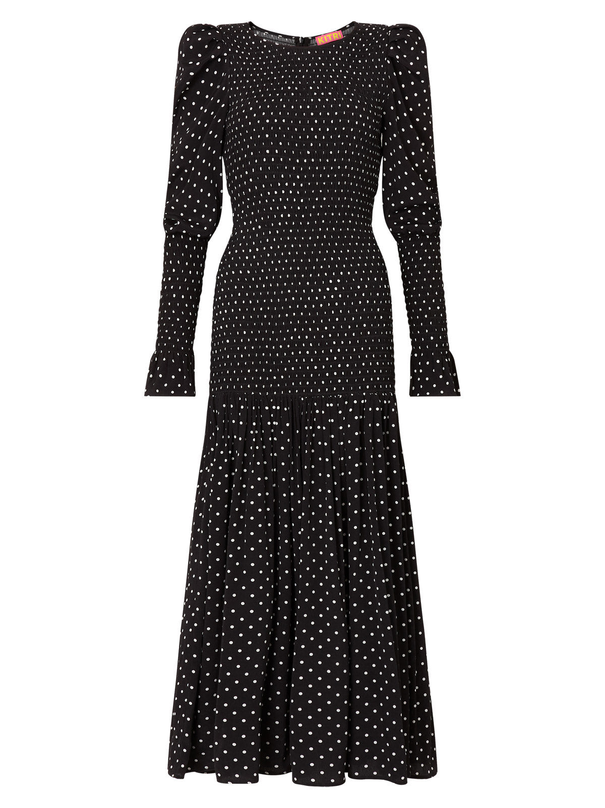 Wren Black Polka Dot Shirred Midi Dress