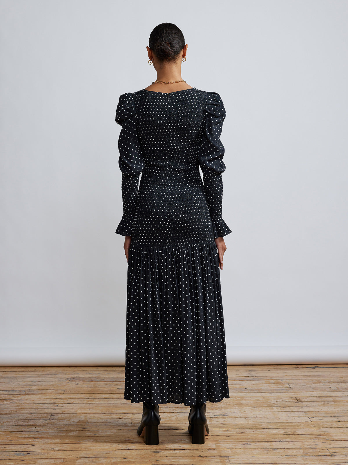Wren Black Polka Dot Shirred Dress by KITRI Studio