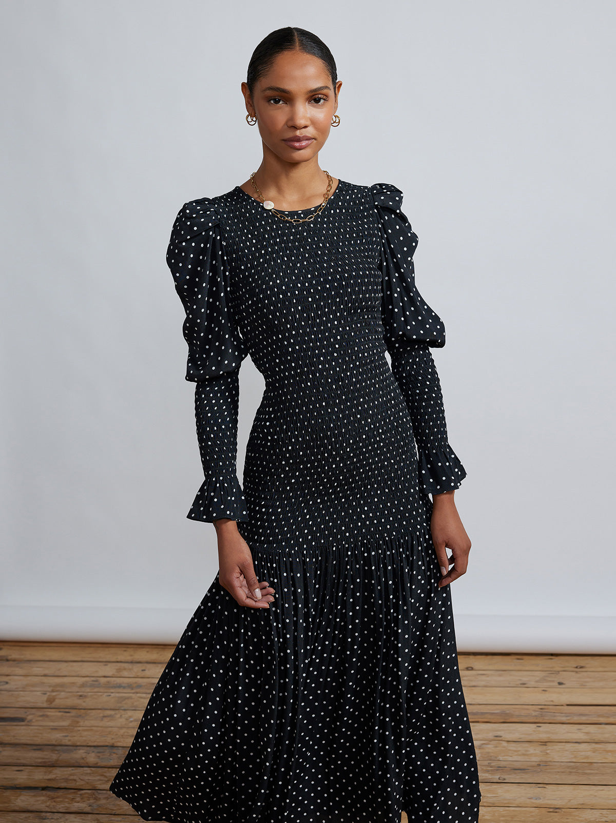 Wren Black Polka Dot Shirred Midi Dress