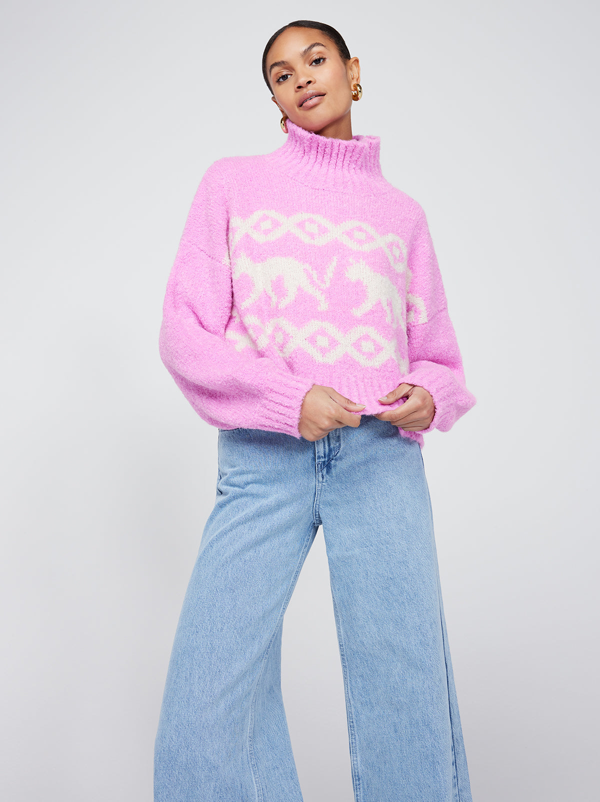 Yara Pink Animal Boulce Knit Sweater By KITRI Studio
