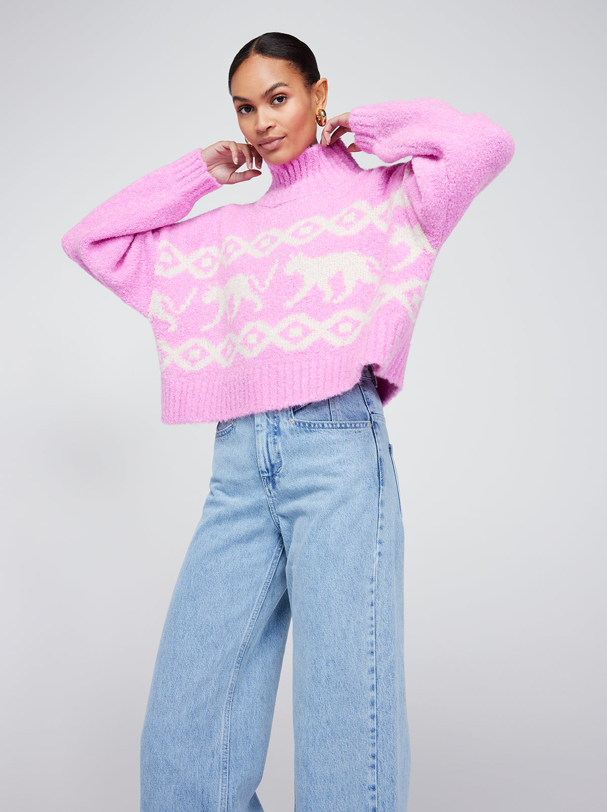 Yara Pink Animal Boulce Knit Sweater By KITRI Studio