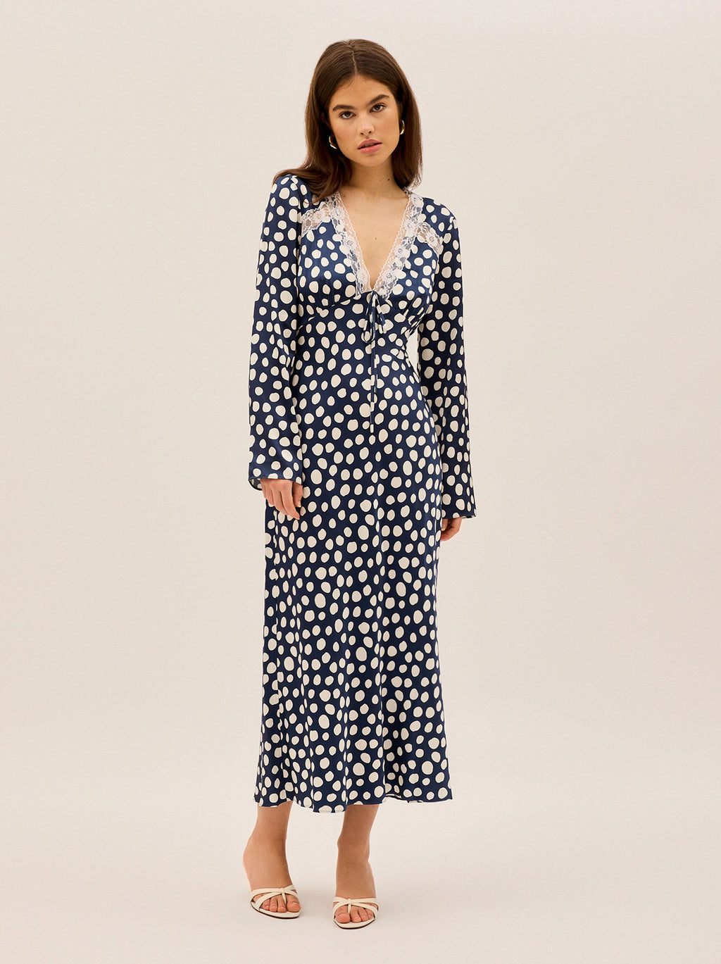 Zelda Navy Polka Dot Satin Dress | KITRI Studio